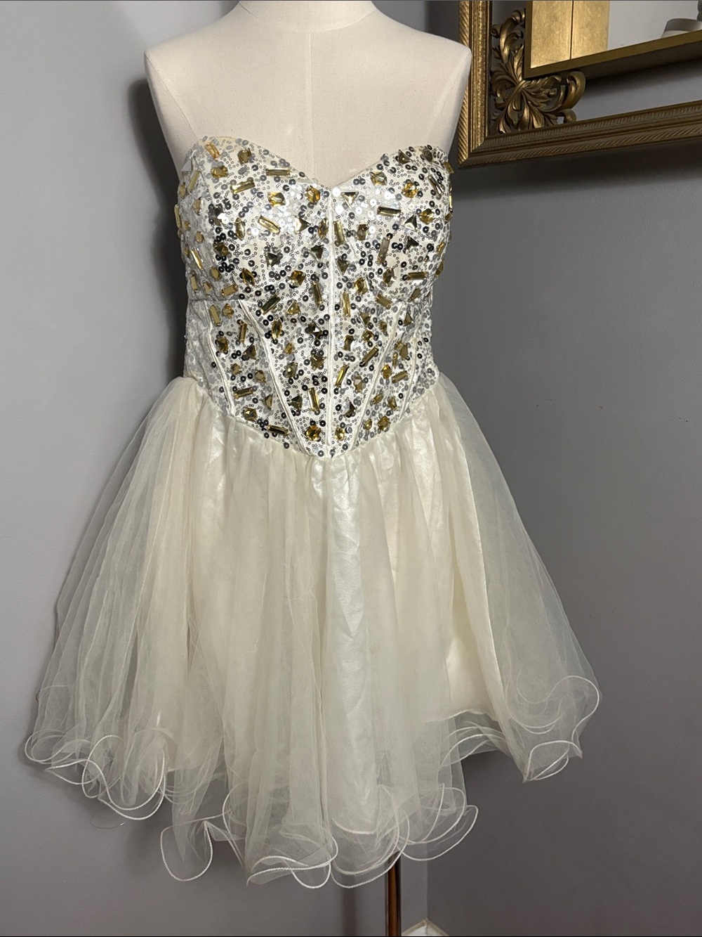 Deb VINTAGE Size 14 15 Ivory Sequin Strapless Sweetheart Cocktail Dress